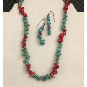 Genuine Turquoise & Red Coral Gemstone Strand Necklace/Earring Set